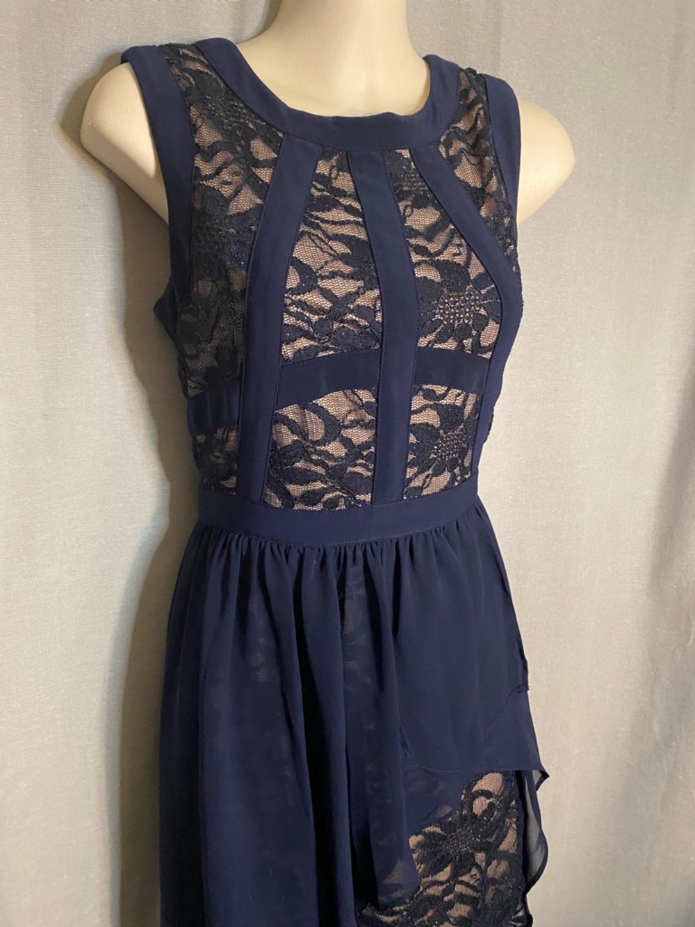 Night Way Collections Navy Lace Panel Chiffon Mini Dress